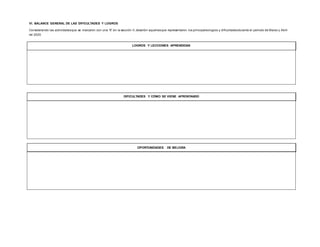 VI. BALANCE GENERAL DE LAS DIFICULTADES Y LOGROS
Considerando las actividadesque se marcaron con una “X” en la sección II, describir aquellasque representaron los principaleslogros y dificultadesdurante el periodo de Marzo y Abril
de 2020.
 