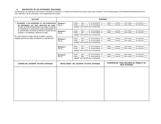 III. DESCRIPCIÓN DE LAS ACTIVIDADES REALIZADAS
Considerando los mediosde comunicación marcados en la sección II, detallar la cantidad alumnospor cada caso y describir los principaleslogros y dificultadesidentificadosdurante el
mes. Asimismo, de ser pertinente, incluir sugerencias de mejora.
Actividad SEMANAS
1. Acompañar a los estudiantes en sus experiencias
de aprendizaje por web, televisión y/o radio:
Indicar, del total de estudiantes a su cargo, el número
de estudiantes a quienes has podido acompañar en
su aprendizaje y nombrar los medios a través del cual
acceden a la estrategia “Aprendo en casa”
En caso de tener a cargo más de un grado o sección,
agregar las filas que sean necesarias en cada semana.
Semana 1:
Del al
Grado:___ Secc.:__ _ N° de estudiantes: Tv _____ Radio_ Internet_ Otro medio _Sin atención _
Grado:___ Secc.:__ _ N° de estudiantes: Tv _____ Radio_ Internet_ Otro medio _Sin atención _
(agregar más f ilas en caso corresponda)
Semana 2:
Del al
Grado:___ Secc.:__ _ N° de estudiantes: Tv _____ Radio_ Internet_ Otro medio _Sin atención _
Grado:___ Secc.:__ _ N° de estudiantes: Tv _____ Radio_ Internet_ Otro medio _Sin atención _
(agregar más f ilas en caso corresponda)
Semana 3:
Del al
Grado:___ Secc.:__ _ N° de estudiantes: Tv _____ Radio_ Internet_ Otro medio _Sin atención _
Grado:___ Secc.:__ _ N° de estudiantes: Tv _____ Radio_ Internet_ Otro medio _Sin atención _
(agregar más f ilas en caso corresponda)
Semana 4:
Del al
Grado:___ Secc.:__ _ N° de estudiantes: Tv _____ Radio_ Internet_ Otro medio _Sin atención _
Grado:___ Secc.:__ _ N° de estudiantes: Tv _____ Radio_ Internet_ Otro medio _Sin atención _
(agregar más f ilas en caso corresponda)
Semana 5:
Del al
Grado:___ Secc.:__ _ N° de estudiantes: Tv _____ Radio_ Internet_ Otro medio _Sin atención _
Grado:___ Secc.:__ _ N° de estudiantes: Tv _____ Radio_ Internet_ Otro medio _Sin atención _
(agregar más f ilas en caso corresponda)
LOGROS DEL DOCENTE EN ESTA ACTIVIDAD DIFICULTADES DEL DOCENTE EN ESTA ACTIVIDAD
SUGERENCIAS PARA MEJORAR SU TRABAJO EN
ESTA ACTIVIDAD
 