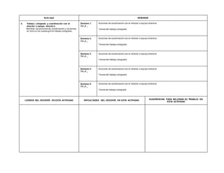 Actividad SEMANAS
4. Trabajo colegiado y coordinación con el
director o equipo directivo
Nombrar las acciones de coordinación y los temas
en torno a los cuales giró el trabajo colegiado.
Semana 1:
Del al
Acciones de coordinación con el director o equipo directivo
Temas del trabajo colegiado
Semana 2:
Del al
Acciones de coordinación con el director o equipo directivo
Temas del trabajo colegiado
Semana 3:
Del al
Acciones de coordinación con el director o equipo directivo
Temas del trabajo colegiado
Semana 4:
Del al
Acciones de coordinación con el director o equipo directivo
Temas del trabajo colegiado
Semana 5:
Del al
Acciones de coordinación con el director o equipo directivo
Temas de trabajo colegiado
LOGROS DEL DOCENTE EN ESTA ACTIVIDAD DIFICULTADES DEL DOCENTE EN ESTA ACTIVIDAD
SUGERENCIAS PARA MEJORAR SU TRABAJO EN
ESTA ACTIVIDAD
 