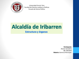 Participante:
Alvarez Geraldine
CI: 23833642
Materia: Gerencia Municipal.
Universidad Fermín Toro
Facultad de Ciencias Jurídicas y Políticas
Escuela de Ciencia Política
 