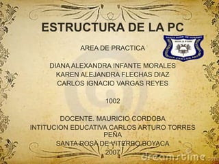 ESTRUCTURA DE LA PC
AREA DE PRACTICA
DIANA ALEXANDRA INFANTE MORALES
KAREN ALEJANDRA FLECHAS DIAZ
CARLOS IGNACIO VARGAS REYES
1002
DOCENTE. MAURICIO CORDOBA
INTITUCION EDUCATIVA CARLOS ARTURO TORRES
PEÑA
SANTA ROSA DE VITERBO,BOYACA
2007
 