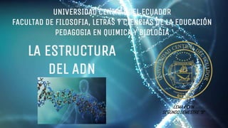 UNIVERSIDAD CENTRAL DEL ECUADOR
FACULTAD DE FILOSOFIA, LETRAS Y CIENCIAS DE LA EDUCACIÓN
PEDAGOGIA EN QUIMICA Y BIOLOGIA
LA ESTRUCTURA
DEL ADN
LEMA KEVIN
SEGUNDO SEMESTRE “B”
 