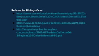 Referencias Bibliográficas:
● https://www.ucm.es/data/cont/media/www/pag-56185/02-
Estructura%20de%20los%20%C3%A1cidos%20nucl%C3%A
9icos.pdf
● https://www.genome.gov/es/genetics-glossary/ADN-acido-
Desoxirribonucleico
● http://aargentinapciencias.org/wp-
content/uploads/2018/01/RevistasCeI/tomo64-
3/Paginas25-50-desdeRevista64-3.pdf
 