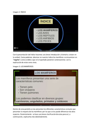 Imagen 2: ÍNDICE
Con la presentación del índice hacemos una breve introducción al temario a tratar en
la unidad. Como podemos observar en nuestro índice los mamíferos se encuentran en
“negrita” y esto se debe a que en el apartado posterior comenzaremos con la
explicación de estos seres vivos.
Imagen 3: LOS MAMÍFEROS
Dentro de esta pantalla se nos presentan las diferentes características comunes que
presentan la mayoría de los mamíferos por las que se les puede diferenciar de otras
especies. Posteriormente se hace una breve clasificación de estos para así, a
continuación, explicarlos más detalladamente.
 