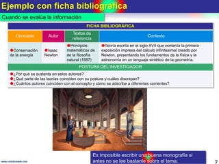 Ejemplo con ficha bibliográfica
7www.coimbraweb.com
Cuando se evalúa la información
FICHA BIBLIOGRÁFICA
Concepto Autor
Tex...