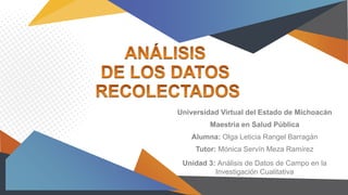 Universidad Virtual del Estado de Michoacán
Maestria en Salud Pública
Alumna: Olga Leticia Rangel Barragán
Tutor: Mónica Servín Meza Ramírez
Unidad 3: Análisis de Datos de Campo en la
Investigación Cualitativa
 