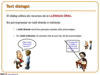 Text dialogat www.lluisrius.cat <ul><li>El diàleg utilitza els recursos de la  LLENGUA ORAL .  </li></ul><ul><li>Es pot ex...