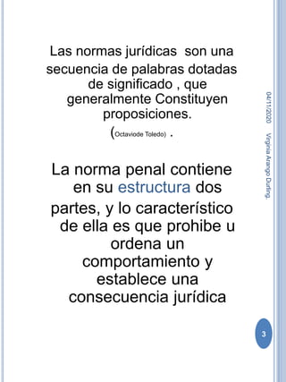 Las normas jurídicas son una
secuencia de palabras dotadas
de significado , que
generalmente Constituyen
proposiciones.
(O...