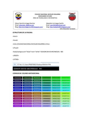 ESTRUCTURA DE LA PAGINA: 
<html> 
<head> 
<title>COLEGIO NACIONAL NICOLAS ESGUERRA</title> 
</head> 
<body background="black" text="white">EDISON DAVID ARCINIEGAS - 903 
</BODY> 
</HTML> 
CODIGOS DE COLORES HEXTADECIMAL 
 