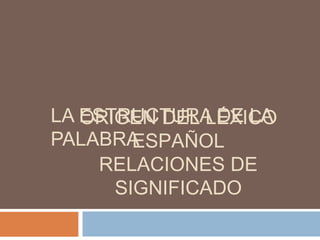 LA ESTRUCTURA DE LA
PALABRA
ORIGEN DEL LÉXICO
ESPAÑOL
RELACIONES DE
SIGNIFICADO
 
