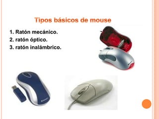 1. Ratón mecánico.
2. ratón óptico.
3. ratón inalámbrico.
 