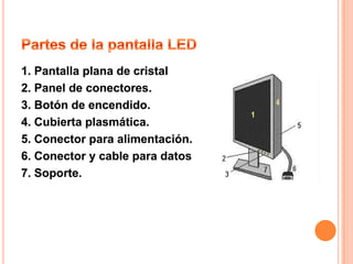 1. Pantalla plana de cristal
2. Panel de conectores.
3. Botón de encendido.
4. Cubierta plasmática.
5. Conector para alimentación.
6. Conector y cable para datos
7. Soporte.
 