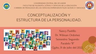 UNIVERSIDAD CENTRAL DEL ECUADOR
FACULTAD DE FILOSOFÍA, LETRAS Y CIENCIAS DE LA EDUCACIÓN
CARRERA DE PEDAGOGÍA DE LAS CIENCIAS EXPERIMEMNTALES QUÍMICA Y BIOLOGÍA




Nancy Pastillo
Dr. Wilman Ordoñez
Semestre: Segundo
Paralelo “B”
Quito, 31 de julio del 2022.


CONCEPTUALIZACIÓN Y
ESTRUCTURA DE LA PERSONALIDAD.
 