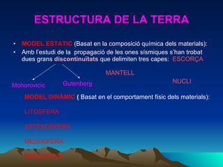 ESTRUCTURA DE LA TERRA <ul><li>MODEL ESTATIC  (Basat en la composició química dels materials): </li></ul><ul><li>Amb l’est...