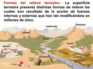 Formas del relieve terrestre.- La superficie
terrestre presenta distintas formas de relieve las
cuales son resultado de la acción de fuerzas
internas y externas que han ido modificándola en
millones de años.
 