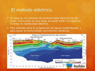 El método eléctrico.
 Se basa en los cambios de conductividad eléctrica de las
rocas. Como esta es muy baja, se suele medir la magnitud
inversa: la resistividad eléctrica.
 Muy utilizado para la prospección de aguas subterráneas, y
para situar en profundidad yacimientos metálicos.
 