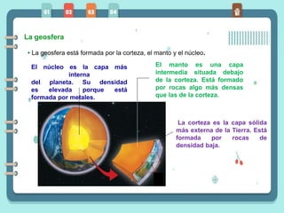 La geosfera
• La geosfera está formada por la corteza, el manto y el núcleo.
La corteza es la capa sólida
más externa de la Tierra. Está
formada por rocas de
densidad baja.
El núcleo es la capa más
interna
del planeta. Su densidad
es elevada porque está
formada por metales.
El manto es una capa
intermedia situada debajo
de la corteza. Está formado
por rocas algo más densas
que las de la corteza.
 