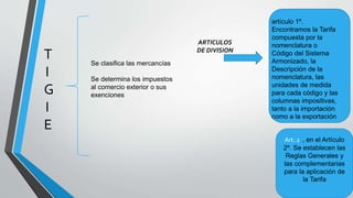 T
I
G
I
E
Se clasifica las mercancías
Se determina los impuestos
al comercio exterior o sus
exenciones
artículo 1º.
Encontramos la Tarifa
compuesta por la
nomenclatura o
Código del Sistema
Armonizado, la
Descripción de la
nomenclatura, las
unidades de medida
para cada código y las
columnas impositivas,
tanto a la importación
como a la exportación
ARTICULOS
DE DIVISION
Art. 2 , en el Artículo
2º. Se establecen las
Reglas Generales y
las complementarias
para la aplicación de
la Tarifa
 