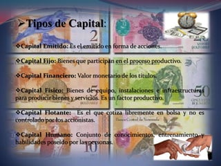 Tipos de Capital:
Capital Emitido: Es el emitido en forma de acciones.
Capital Fijo: Bienes que participan en el proceso productivo.
Capital Financiero: Valor monetario de los títulos.
Capital Físico: Bienes de equipo, instalaciones e infraestructuras
para producir bienes y servicios. Es un factor productivo.
Capital Flotante: Es el que cotiza libremente en bolsa y no es
controlado por los accionistas.
Capital Humano: Conjunto de conocimientos, entrenamiento y
habilidades poseído por las personas.
 