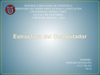 REPUBLICA BOLIAVARA DE VENEZUELA
MINISTERIO DEL PODER POPULAR PARA LA EDUCACION.
UNIVERSIDAD “FERMIN TORO”
ESCUELA DE INGENIERIA
CABUDARE. ESTADO, LARA
NOMBRE:
JOSELIED AVENDAÑO
CI 27.290.418
NI-22
 