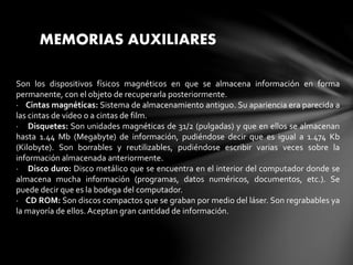 MEMORIAS AUXILIARES
Son los dispositivos físicos magnéticos en que se almacena información en forma
permanente, con el objeto de recuperarla posteriormente.
· Cintas magnéticas: Sistema de almacenamiento antiguo. Su apariencia era parecida a
las cintas de video o a cintas de film.
· Disquetes: Son unidades magnéticas de 31/2 (pulgadas) y que en ellos se almacenan
hasta 1.44 Mb (Megabyte) de información, pudiéndose decir que es igual a 1.474 Kb
(Kilobyte). Son borrables y reutilizables, pudiéndose escribir varias veces sobre la
información almacenada anteriormente.
· Disco duro: Disco metálico que se encuentra en el interior del computador donde se
almacena mucha información (programas, datos numéricos, documentos, etc.). Se
puede decir que es la bodega del computador.
· CD ROM: Son discos compactos que se graban por medio del láser. Son regrabables ya
la mayoría de ellos.Aceptan gran cantidad de información.
 