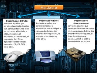 Hardware
Dispositivos de Entrada:
Son todos aquellos que
permiten la entrada de datos
a un computador. Entre estos
encontramos: el teclado, el
ratón, el escáner, el
micrófono, la cámara web, el
capturador de y firma
digitales o lápices ópticos,
memorias USB, CD, DVD,
entre otros.
Dispositivos de Salida
Son todos aquellos que
permiten mostrar la
información procesada por el
computador. Entre estos
encontramos: la pantalla, la
impresora, los altavoces,
entre otros.
Dispositivos de
almacenamiento
Son todos aquellos que
permiten almacenar los datos
en el computador. Entre estos
encontramos: el disquete, el
disco duro (interno y
externo), el CD, el DVD, la
memoria USB, entre otros.
 