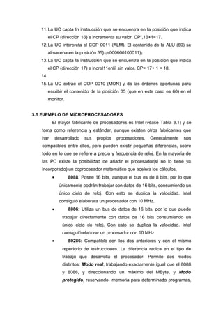 11.La UC capta In instrucción que se encuentra en la posición que indica
el CP (dirección 16) e incrementa su valor. CP",16+1=17.
12.La UC interpreta el COP 0011 (ALM). El contenido de la ALU (60) se
almacena en la posición 35}10=000000100011)2
13.La UC capta la instrucci6n que se encuentra en la posición que indica
el CP (dirección 17) e increl11enlíl sin valor. CP= 17+ 1 = 18.
14.
15.La UC extrae el COP 0010 (MON) y da las órdenes oportunas para
escribir el contenido de la posición 35 (que en este caso es 60) en el
monitor.
3.5 EJEMPLO DE MICROPROCESADORES
El mayor fabricante de procesadores es Intel (véase Tabla 3.1) y se
toma como referencia y estándar, aunque existen otros fabricantes que
han desarrollado sus propios procesadores. Generalmente son
compatibles entre ellos, pero pueden existir pequeñas diferencias, sobre
todo en lo que se refiere a precio y frecuencia de reloj. En la mayoría de
las PC existe la posibilidad de añadir el procesador(si no lo tiene ya
incorporado) un coprocesador matemático que acelera los cálculos.
• 8088. Posee 16 bits, aunque el bus es de 8 bits, por lo que
únicamente podrán trabajar con datos de 16 bits, consumiendo un
único cielo de reloj. Con esto se duplica la velocidad. Intel
consiguió elaborara un procesador con 10 MHz.
• 8086: Utiliza un bus de datos de 16 bits, por lo que puede
trabajar directamente con datos de 16 bits consumiendo un
único ciclo de reloj. Con esto se duplica la velocidad. Intel
consiguió elaborar un procesador con 10 MHz.
• 80286: Compatible con los dos anteriores y con el mismo
repertorio de instrucciones. La diferencia radica en el tipo de
trabajo que desarrolla el procesador. Permite dos modos
distintos: Modo real, trabajando exactamente igual que el 8088
y 8086, y direccionando un máximo del MByte, y Modo
protegido, reservando memoria para determinado programas,
 