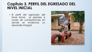 Capítulo 3. PERFIL DEL EGRESADO DEL
NIVEL INICIAL
• El perfil del egresado del
Nivel Inicial se plantea a
modo de competencias en
donde se evidencia un
desarrollo integral.
 