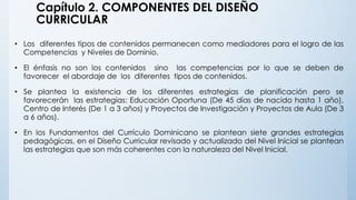 Capítulo 2. COMPONENTES DEL DISEÑO
CURRICULAR
• Los diferentes tipos de contenidos permanecen como mediadores para el logro de las
Competencias y Niveles de Dominio.
• El énfasis no son los contenidos sino las competencias por lo que se deben de
favorecer el abordaje de los diferentes tipos de contenidos.
• Se plantea la existencia de los diferentes estrategias de planificación pero se
favorecerán las estrategias: Educación Oportuna (De 45 días de nacido hasta 1 año),
Centro de Interés (De 1 a 3 años) y Proyectos de Investigación y Proyectos de Aula (De 3
a 6 años).
• En los Fundamentos del Currículo Dominicano se plantean siete grandes estrategias
pedagógicas, en el Diseño Curricular revisado y actualizado del Nivel Inicial se plantean
las estrategias que son más coherentes con la naturaleza del Nivel Inicial.
 