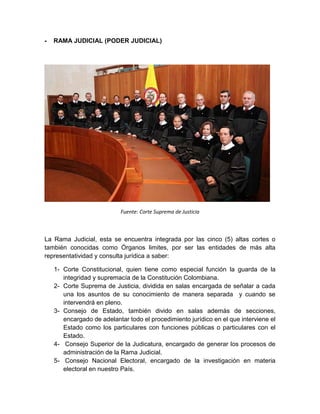 - RAMA JUDICIAL (PODER JUDICIAL)
Fuente: Corte Suprema de Justicia
La Rama Judicial, esta se encuentra integrada por las cinco (5) altas cortes o
también conocidas como Órganos limites, por ser las entidades de más alta
representatividad y consulta jurídica a saber:
1- Corte Constitucional, quien tiene como especial función la guarda de la
integridad y supremacía de la Constitución Colombiana.
2- Corte Suprema de Justicia, dividida en salas encargada de señalar a cada
una los asuntos de su conocimiento de manera separada y cuando se
intervendrá en pleno.
3- Consejo de Estado, también divido en salas además de secciones,
encargado de adelantar todo el procedimiento jurídico en el que interviene el
Estado como los particulares con funciones públicas o particulares con el
Estado.
4- Consejo Superior de la Judicatura, encargado de generar los procesos de
administración de la Rama Judicial.
5- Consejo Nacional Electoral, encargado de la investigación en materia
electoral en nuestro País.
 