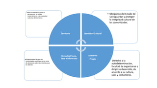 • Derecho a la
autodeterminación,
facultad de organizarse y
dirigir su desarrollo, de
acuerdo a su cultura,
usos y costumbres.
•Obligatoriedad de que las
comunidades participen en la toma
de decisiones sobre las medidas que
les afecten.
• Obligación del Estado de
salvaguardar y proteger
la integridad cultural de
las comunidades.
•Base fundamental para su
pervivencia, se refiere
materialmente a la propiedad
colectiva del territorio.
Territorio Identidad Cultural
Gobierno
Propio
Consulta Previa,
libre e informada
 