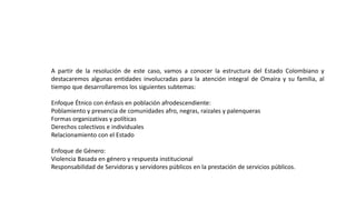 A partir de la resolución de este caso, vamos a conocer la estructura del Estado Colombiano y
destacaremos algunas entidades involucradas para la atención integral de Omaira y su familia, al
tiempo que desarrollaremos los siguientes subtemas:
Enfoque Étnico con énfasis en población afrodescendiente:
Poblamiento y presencia de comunidades afro, negras, raizales y palenqueras
Formas organizativas y políticas
Derechos colectivos e individuales
Relacionamiento con el Estado
Enfoque de Género:
Violencia Basada en género y respuesta institucional
Responsabilidad de Servidoras y servidores públicos en la prestación de servicios públicos.
 