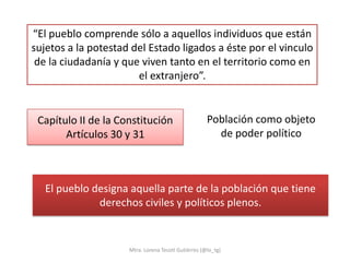 “El pueblo comprende sólo a aquellos individuos que están
sujetos a la potestad del Estado ligados a éste por el vinculo
 de la ciudadanía y que viven tanto en el territorio como en
                       el extranjero”.


 Capítulo II de la Constitución                      Población como objeto
       Artículos 30 y 31                               de poder político



   El pueblo designa aquella parte de la población que tiene
              derechos civiles y políticos plenos.


                     Mtra. Lorena Tecotl Gutiérrez (@lo_tg)
 