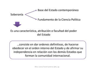 Base del Estado contemporáneo
Soberanía
                       Fundamento de la Ciencia Política


Es una característica, atribución o facultad del poder
                      del Estado


     …consiste en dar ordenes definitivas, de hacerse
 obedecer en el orden interno del Estado y de afirmar su
  independencia en relación con los demás Estados que
          forman la comunidad internacional.


                   Mtra. Lorena Tecotl Gutiérrez (@lo_tg)
 