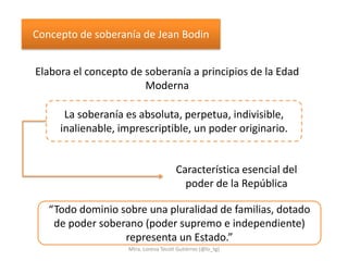 Concepto de soberanía de Jean Bodin


Elabora el concepto de soberanía a principios de la Edad
                       Moderna

      La soberanía es absoluta, perpetua, indivisible,
     inalienable, imprescriptible, un poder originario.


                                      Característica esencial del
                                        poder de la República

   “Todo dominio sobre una pluralidad de familias, dotado
    de poder soberano (poder supremo e independiente)
                  representa un Estado.”
                   Mtra. Lorena Tecotl Gutiérrez (@lo_tg)
 