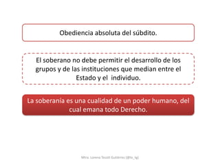 Obediencia absoluta del súbdito.


  El soberano no debe permitir el desarrollo de los
  grupos y de las instituciones que median entre el
                Estado y el individuo.


La soberanía es una cualidad de un poder humano, del
              cual emana todo Derecho.




                 Mtra. Lorena Tecotl Gutiérrez (@lo_tg)
 