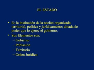 EL ESTADO
• Es la institución de la nación organizada
territorial, política y jurídicamente; dotada de
poder que lo ejerce el gobierno.
• Sus Elementos son:
– Gobierno
– Población
– Territorio
– Orden Jurídico
 