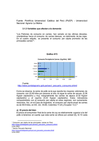 Fuente: Pontificia Universidad Católica del Perú (PUCP) - Universidad
Nacional Agraria La Molina
3.1.3 Variables que afectan a la demanda
“Los Patrones de consumo en carnes, han variado en las últimas décadas,
orientándose hacia el consumo de carnes blancas, en detrimento de las rojas.
En el cuadro adjunto, se presenta el consumo per cápita promedio de las
principales carnes”3.
Gráfico N°2
Fuente:
http://www.portalagrario.gob.pe/sect_pecuario_consumo.shtml
Como se observa, la carne de pollo es la que reporta los mayores volúmenes de
consumo con 22.40 kilos por persona al año, le sigue la carne de vacuno (5.36
Kg/per cápita/año) y muy marginalmente las carnes de alpaca (0.32 Kg/per
cápita/año) y el caprino (0.25 Kg/per cápita/año). Estos indicadores
comparándolos con el consumo per cápita en otras regiones, son sumamente
reducidos. Así, en el Caso de Argentina, el consumo per cápita anual de carnes
es de 69.9 kilos, en EE. UU. 45.60, Colombia 17.20 y Ecuador 13.3.4
a) El precio del bien
El precio al consumidor final de la carne de cuy es relativamente superior a la del
pollo si tenemos en cuenta que esta carne se ofrece por unidad (Ej. S/.10 cada
3 Consumo per cápita de las principales carnes en Perú.
http://www.portalagrario.gob.pe/sect_pecuario_consumo.shtml
Lima 2003
4 Sector Pecuario Nacional
http://www.portalagrario.gob.pe/sect_pecuario_consumo.shtml
Lima 2003
 