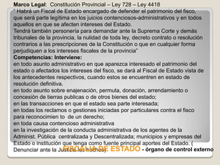 Marco Legal: Constitución Provincial – Ley 728 – Ley 4418
“ Habrá un Fiscal de Estado encargado de defender el patrimonio del fisco,
que será parte legítima en los juicios contenciosos-administrativos y en todos
aquellos en que se afecten intereses del Estado.
Tendrá también personería para demandar ante la Suprema Corte y demás
tribunales de la provincia, la nulidad de toda ley, decreto contrato o resolución
contrarios a las prescripciones de la Constitución o que en cualquier forma
perjudiquen a los intereses fiscales de la provincia”
Competencias: Interviene:
en todo asunto administrativo en que aparezca interesado el patrimonio del
estado o afectados los intereses del fisco, se dará al Fiscal de Estado vista de
los antecedentes respectivos, cuando estos se encuentren en estado de
resolución definitiva.
en todo asunto sobre enajenación, permuta, donación, arrendamiento o
concesiòn de tierras publicas o de otros bienes del estado;
en las transacciones en que el estado sea parte interesada;
en todas los reclamos o gestiones iniciadas por particulares contra el fisco
para reconocimien to de un derecho;
en toda causa contencioso administrativa
en la investigación de la conducta administrativa de los agentes de la
Administ. Pública centralizada y Descentralizada; municipios y empresas del
Estado o institución que tenga como fuente principal aportes del Estado. (
Denunciar ante la Justicia los hechos) ESTADO - órgano de control externo
                      FISCALIA DE
 