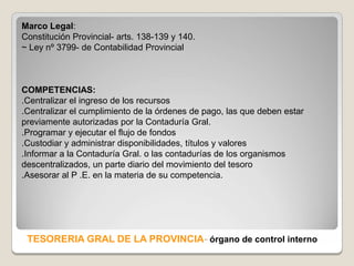 Marco Legal:
Constitución Provincial- arts. 138-139 y 140.
~ Ley nº 3799- de Contabilidad Provincial



COMPETENCIAS:
.Centralizar el ingreso de los recursos
.Centralizar el cumplimiento de la órdenes de pago, las que deben estar
previamente autorizadas por la Contaduría Gral.
.Programar y ejecutar el flujo de fondos
.Custodiar y administrar disponibilidades, títulos y valores
.Informar a la Contaduría Gral. o las contadurías de los organismos
descentralizados, un parte diario del movimiento del tesoro
.Asesorar al P .E. en la materia de su competencia.




 TESORERIA GRAL DE LA PROVINCIA- órgano de control interno
 