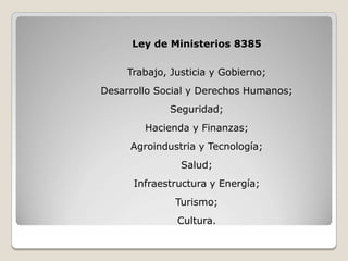 Ley de Ministerios 8385

     Trabajo, Justicia y Gobierno;
Desarrollo Social y Derechos Humanos;
             Seguridad;
        Hacienda y Finanzas;
     Agroindustria y Tecnología;
                Salud;
      Infraestructura y Energía;
               Turismo;
               Cultura.
 