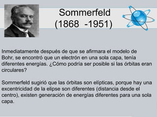 Sommerfeld
                      (1868 -1951)

Inmediatamente después de que se afirmara el modelo de
Bohr, se encontró que un electrón en una sola capa, tenía
diferentes energías. ¿Cómo podría ser posible si las órbitas eran
circulares?

Sommerfeld sugirió que las órbitas son elípticas, porque hay una
excentricidad de la elipse son diferentes (distancia desde el
centro), existen generación de energías diferentes para una sola
capa.
 