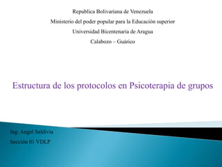 Republica Bolivariana de Venezuela
Ministerio del poder popular para la Educación superior
Universidad Bicentenaria de Aragua
Calabozo – Guárico
Estructura de los protocolos en Psicoterapia de grupos
Ing. Angel Saldivia
Sección 01 VDLP
 