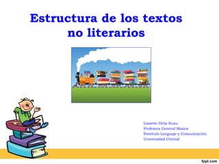 Estructura de los textos
no literarios
Lissette Ortiz Suau
Profesora General Básica
Postítulo Lenguaje y Comunicación
Universidad Central
 