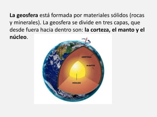 La geosfera está formada por materiales sólidos (rocas 
y minerales). La geosfera se divide en tres capas, que 
desde fuera hacia dentro son: la corteza, el manto y el 
núcleo. 
 