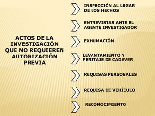 ACTOS DE LA 
INVESTIGACIÓN 
QUE NO REQUIEREN 
AUTORIZACIÓN 
PREVIA 
INSPECCIÓN AL LUGAR 
DE LOS HECHOS 
ENTREVISTAS ANTE EL 
AGENTE INVESTIGADOR 
EXHUMACIÓN 
LEVANTAMIENTO Y 
PERITAJE DE CADAVER 
REQUISAS PERSONALES 
REQUISA DE VEHÍCULO 
RECONOCIMIENTO 
 
