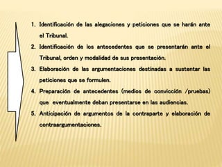 1. Identificación de las alegaciones y peticiones que se harán ante 
el Tribunal. 
2. Identificación de los antecedentes que se presentarán ante el 
Tribunal, orden y modalidad de sus presentación. 
3. Elaboración de las argumentaciones destinadas a sustentar las 
peticiones que se formulen. 
4. Preparación de antecedentes (medios de convicción /pruebas) 
que eventualmente deban presentarse en las audiencias. 
5. Anticipación de argumentos de la contraparte y elaboración de 
contraargumentaciones. 
 