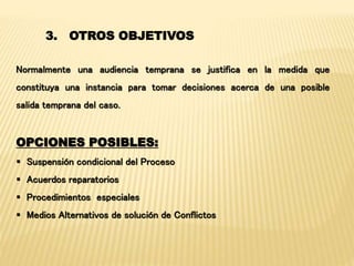 3. OTROS OBJETIVOS 
Normalmente una audiencia temprana se justifica en la medida que 
constituya una instancia para tomar decisiones acerca de una posible 
salida temprana del caso. 
OPCIONES POSIBLES: 
 Suspensión condicional del Proceso 
 Acuerdos reparatorios 
 Procedimientos especiales 
 Medios Alternativos de solución de Conflictos 
 