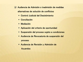 Audiencia de Admisión o inadmisión de medidas 
alternativas de solución de conflictos 
 Control Judicial del Desistimiento 
 Conciliación 
 Mediación 
 Aplicación del criterio de oportunidad 
 Suspensión del proceso sujeto a condiciones 
 Audiencia de Revocatoria de suspensión del 
proceso 
 Audiencia de Revisión y Admisión de 
Acuerdos 
 