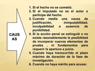 1. Si el hecho no se cometió. 
2. Si el imputado no es el autor o 
participe del hecho. 
3. Cuando media una causa de 
justificación, inimputabilidad, 
inculpabilidad o ausencia de 
punibilidad. 
4. Si la acción penal se extinguió o no 
existe razonablemente la posibilidad 
de incorporar nuevos elementos de 
prueba , ni fundamentos para 
requerir la apertura a juicio. 
5. Cuando haya transcurrido el plazo 
máximo de duración de la fase de 
investigación. 
6. Cuando no haya mérito para acusar. 
CAUS 
AS 
 